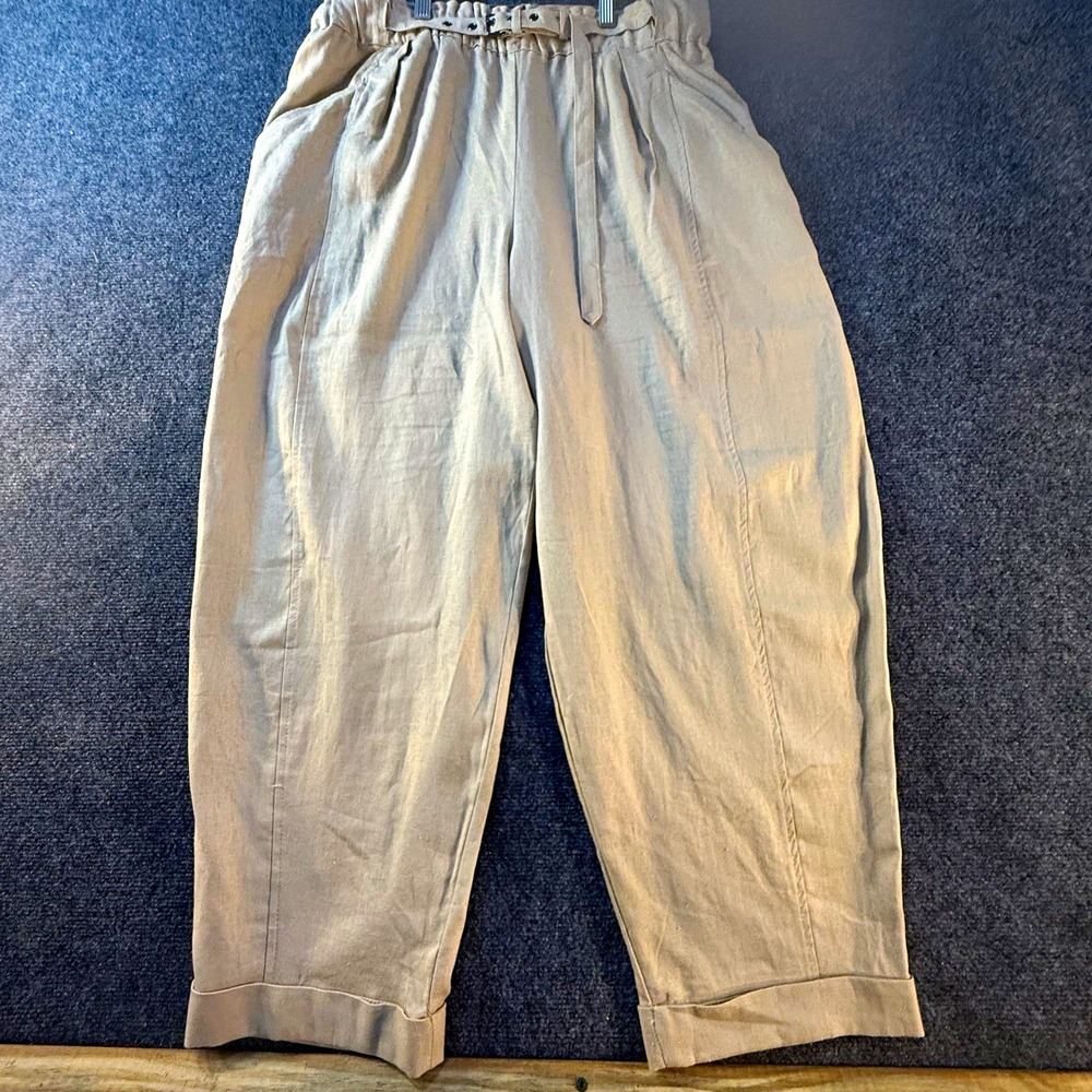 Max Studio London Women's L Beige Linen Rayon Paperbag Tapered Pants 25"